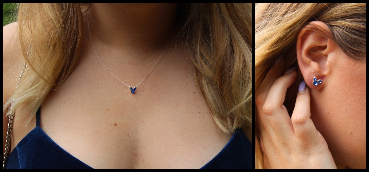 Birthstone Sapphire earrings and necklace close up