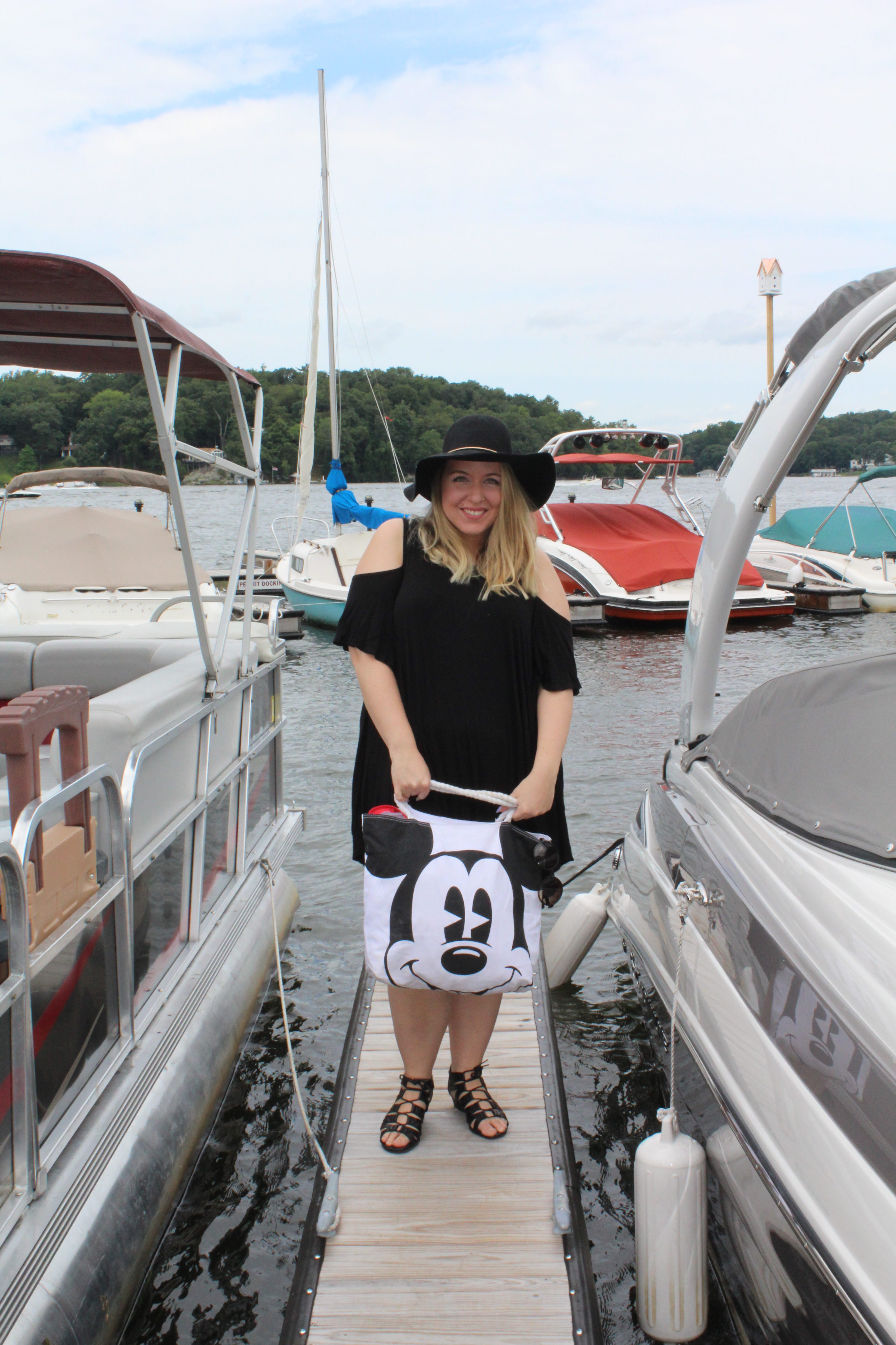 Vacation outfit on dock without sunglasses